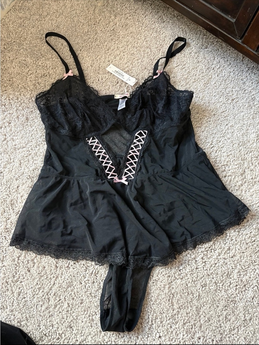 NEW WITH TAGS Adore Me Black Chemise with Pink Ribbon Lace-Up Detail